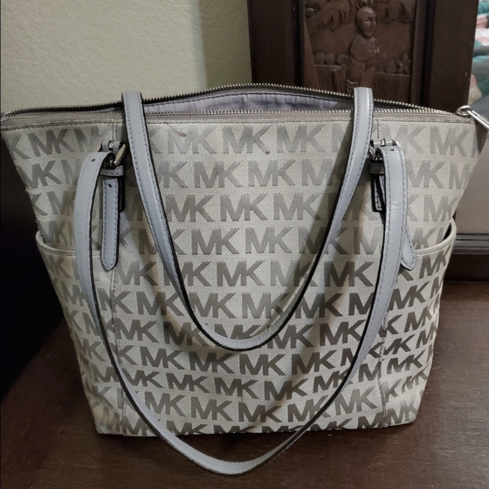 Michael Kors Jet Set Signature Light Grey Canvas Leather East West Shoulder Tote - Picture 5 of 11